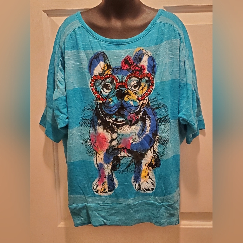 Girl's Size Medium Turquoise Striped  French Bulldog Knit Shirt